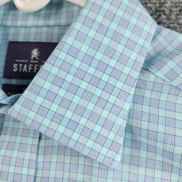 NWT Stafford Travel Button Up Shirt Green Blue Check 14.5 32/33 Regular Woven - Picture 8 of 16